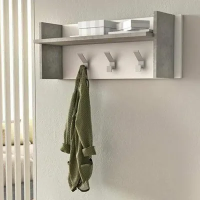 Productafbeelding van Entreemeubel Narciso, garderobekast met 3 haken, plank voor opbergruimte in de hal, 100% Italiaans, 90x29h34 cm, wit en beton