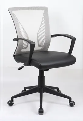 A black and gray office chair with a mesh back and armrests, shown from a front-side angle against a white background.