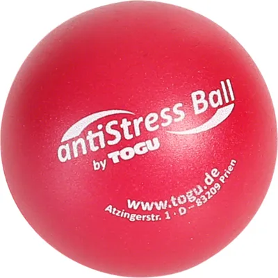 A red anti-stress ball with text and a logo printed on it, isolated on a white background.