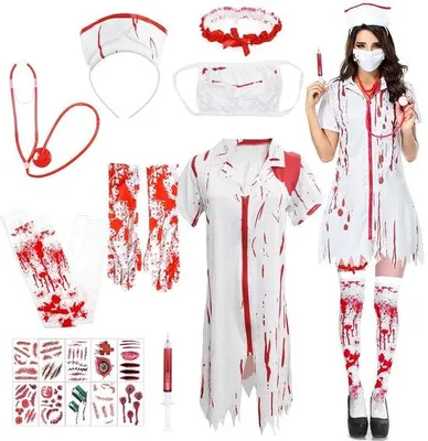 Produktbild von Krankenschwesterkostüm, blutiges Design – Halloween-Kostüm für Damen – Zombie-Kostüm – Karnevalsaccessoires – Cosplay-Outfit – Gruselatmosphäre