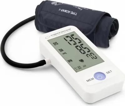 A white digital blood pressure monitor with a dark blue cuff and tubing, displayed on a white background.