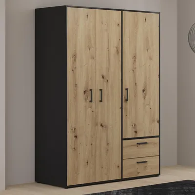 Produktbild von Forte MONISSA Kleiderschrank 140 150, moderner Drehtürenschrank, 3-türig, 2 Schubladen, Holzwerkstoff, Artisan Eiche Holzdekor|Schwarz, 144,4 cm breit x 200,1 cm hoch x 59 cm tief