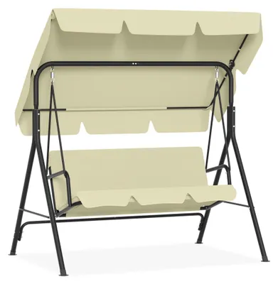 Image de Balançoire hollywoodienne QEENTOE, 3 places, avec auvent, rembourrée, capacité de charge jusqu'à 200 kg, dimensions 176x110x152 cm, couleur beige, pour jardin