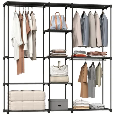 Productafbeelding van Open kledingkast, 4-laags kledingrek met 2 hangvakken voor de woonkamer, 182 x 43 x 185 cm, zwart