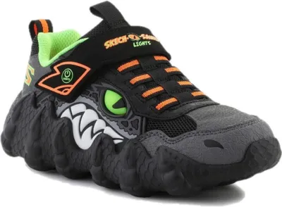 A single child's sneaker with a dinosaur theme.
