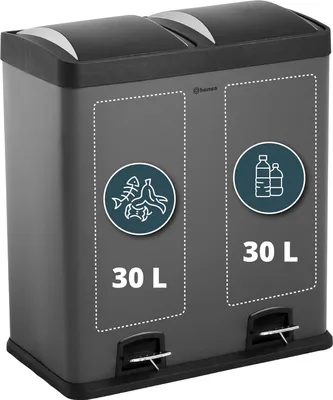 Produktbild von Famanu Abfalltrennung Mülleimer mit 2 Fächern - 60 Liter - Grauer Pedal-Eimer mit Edelstahl