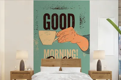 Produktbild von MuchoWow® Fototapete für Wohnzimmer oder Schlafzimmer Wandtapete Vinyl Motivtapete Kaffee - Retro - Zitate - Guten Morgen! Kaffee - Sprichwörter - 155x240 cm - Tapete