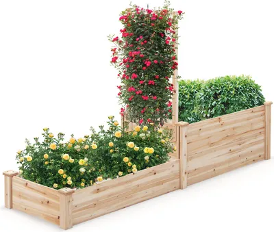 Produktbild von Hochbeet mit Rankgitter und 2 Fächern, 134 cm Höhe, Pflanzkasten aus Fichtenholz mit offener Unterseite, Outdoor-Holzpflanzkasten-Kit