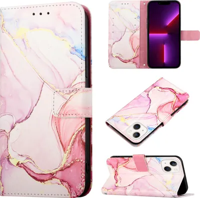 Produktbild von iPhone 13 Mini Hülle, Marmor Motiv Kunstleder Tasche Wallet Kartenfächer mit Standfunktion Klapp Schutzhülle für iPhone 13 Mini Pink Weiß
