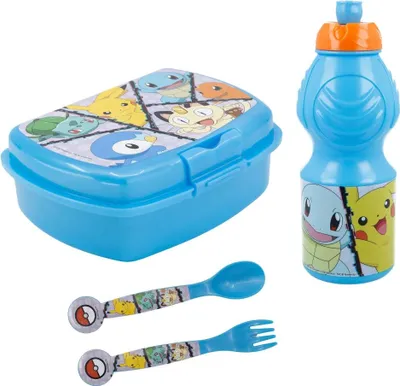 Produktbild von Pokemon Pikachu Kinder 4 teiliges Set Brotdose Trinkflasche Messer und Gabel