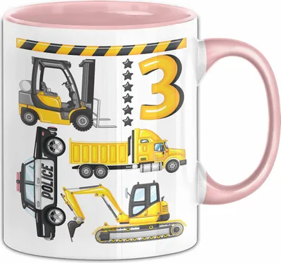 Produktbild von 3. Geburtstag Geschenk Tasse Becher Jungen Jungs Baustelle Polizei Geburtstagsgeschenk 3 (Rosa)