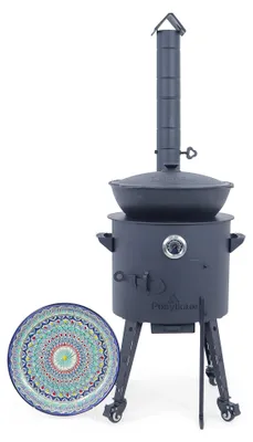 Produktbild von Utschak Feuerofen Ø 40 cm + Gusseisen-Kasan 12 L, runder Boden + Küchenzubehör, Usbekischer Kochtopf aus Gusseisen