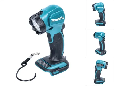 A Makita LED work light is shown against a white background, with smaller images of the same product on the right side.