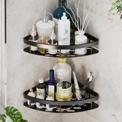 Produktbild von Duschregal Ohne Bohren Ecke 2 Stück Selbstklebend Matte Schwarz Rostfrei Edelstahl 28x21x5cm