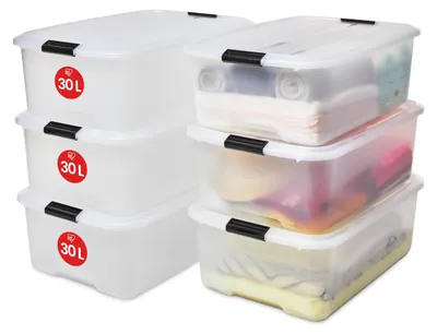 Produktbild von Iris Ohyama Aufbewahrungsbox mit Deckel, 30L, 6er-Set, Transparent, Schnappversc