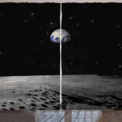 Produktbild von ARANDE Erde Gardine, Planetenerde, wie von der Mond-Weltraum-Milchstraße-ruhige Nachthimmel-Galaxie gesehen, 280 x 225 cm, Schwarz Blau Grau