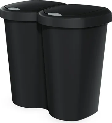 Two black trash cans side-by-side on a white background.