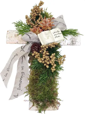 Produktbild von Grabgesteck Birkenholzkreuz mit Keramikbuch creme L ca. 34 cm B ca. 22 cm H ca. 9 cm