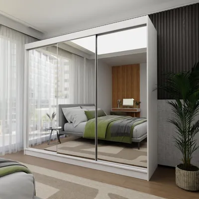 Zdjęcie produktu dla Szafa przesuwna 240cm Mirage Trzydrzwiowa biała szafa z lustrami Garderoba z lustrem i półkami Lustrzana szafa przesuwna z wieszakiem Szafa XXL z lustrami, Szerokość: 240cm, Szuflady: bez szuflad, Kolor: biały mat