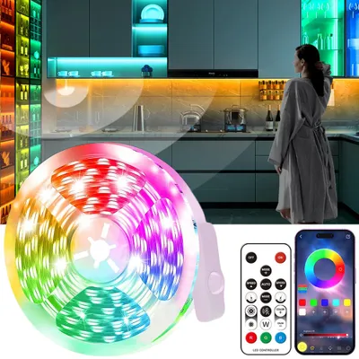 Zdjęcie produktu dla Taśma LED RGB z czujnikiem ruchu, 5M taśma LED z pilotem zdalnego sterowania APP, taśma LED 28 trybów synchronizacji muzyki USB samoprzylepna sypialnia schody korytarz