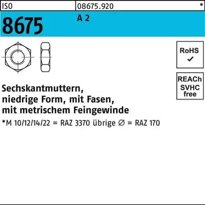 Produktbild von Reyher  Sechskantmu. mit Fasen ISO 8675 A 2 M 8 x 1 A 2 (100 Stück)