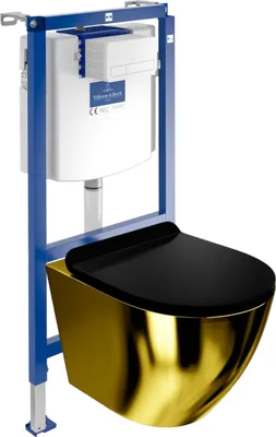 Produktbild von DOMINO | Villeroy&Boch ViConnect H112 Vorwandelement Unterputz WC mit Bedienplatte + Wand Hänge Tiefspül WC Sofi Slim Gold/Black Spülrandlos | WC Set|