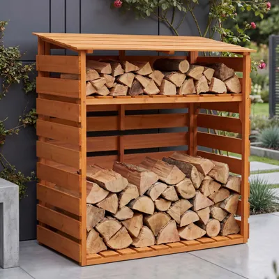 Produktbild von Brennholzlager HWC-Q16, Kamin-/Feuerholzregal Holzlager Holzunterstand, Ablage Holz Tanne  121x122x61cm  natur