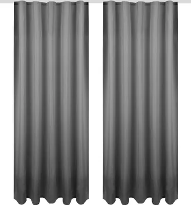 Two gray curtains hanging vertically against a white background.