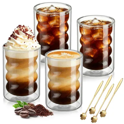 Immagine prodotto di Bicchieri per Latte Macchiato, set di 4 pezzi, capacità 350 ml, a doppia parete, in vetro borosilicato, con design a spirale, inclusi 4 cucchiaini