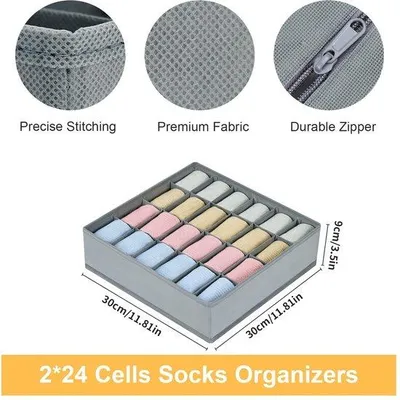 Image de Ensemble de 4 boîtes de rangement pour chaussettes, sous-vêtements et accessoires – en feutre, avec 6, 7, 8 ou 24 compartiments (6 : 33 x 16 x 10,5 cm ; 7 : 33 x 30 x 10,5 cm ; 8 : 29 x 16 x 10,5 cm ; 24 : 33 x 30 x 10,5 cm)