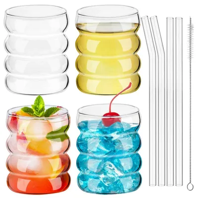 Image de Lot de 4 verres à boire texturés avec pailles en verre, capacité de 350 ml, en verre borosilicaté