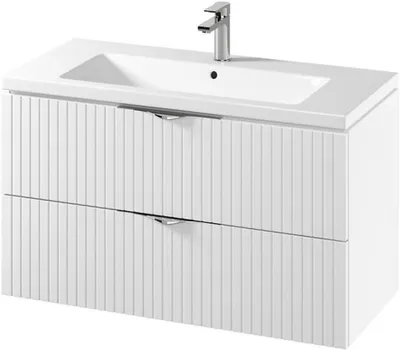 Produktbild von VBChome Waschtisch mit Unterschrank 100 cm Weiß Fronten mit Rillenstruktur Hängendes Badmöbel Set mit 2 Soft-Close Schubladen Keramik Waschbecken