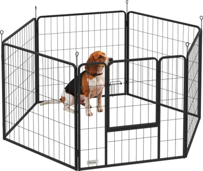 Obrázek produktu pro Ohrádka pro psy / ohrádka pro štěňata - ocelová ohrádka - 6 panelů - výška 80 cm - skládací - s dvířky - vnitřní i venkovní - černá