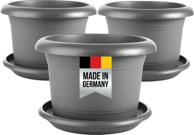 Produktbild von Großer runder Pflanzkübel 3er-Set mit Untersetzer, anthrazit, frostsicher, Ablauflöcher
