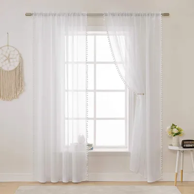 Produktbild von Fenstervorhang Voile mit Pompom Gardine Weiß Halbtransparent Vorhang für Wohnzimmer Schlafzimmer, 132x240cm