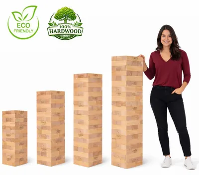 Immagine prodotto di Gioco della torre impilabile - gioco tattico - 28 kg - fino a 150 cm di altezza - legno duro ECO di alta qualità - prodotto in India - progettato in Inghilterra - in robusta borsa per il trasporto