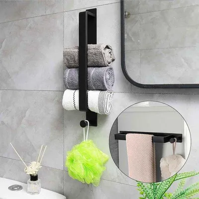 Image de Porte-serviettes mural sans perçage, noir mat, en acier inoxydable SUS304, 41,5 cm, barre adhésive avec crochets pour salle de bain et cuisine