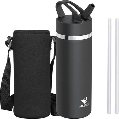 Produktbild von Famanu Wasserflasche aus Edelstahl, 500 ml/750 ml/1 L, auslaufsichere Trinkflasche mit Strohhalm, BPA-frei