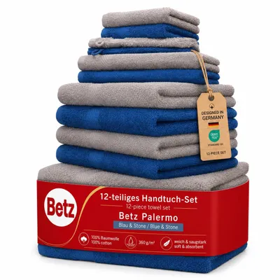 Produktbild von Betz Palermo 12er Handtuch-Set – 2 Liegetücher - 4 Handtücher – 2 Gästetucher – 2 Waschhandschuhe – 2 Seiftücher – blau und Stone