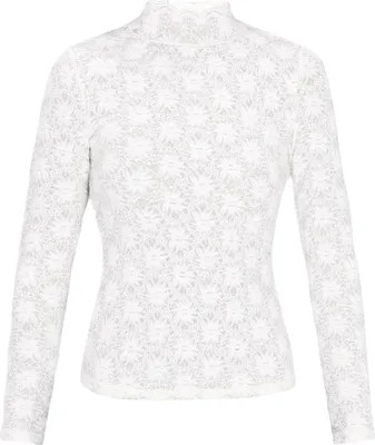 Produktbild von Damen Bluse Weiß L, figurbetont, mit Stehkragen, langen Ärmeln und floraler Spitzenstruktur