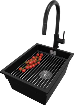 Produktbild von PRIMAGRAN Unterbauspüle Granit Schwarz 36x47cm, Spülbecken 1 Becken + Ablauf-Set + Küchenzubehörset, Granitspüle ab 40er Unterschrank - Praga