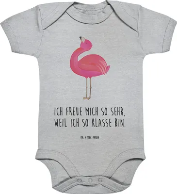 Produktbild von Mr. & Mrs. Panda babykleidung body Flamingo Stolz 3. - 6. Monat - Heather Grey - Geschenk, Babybody, Strampler, Freundin, Kurzarmbody, Beste, Baby, Freude, Babystrampler