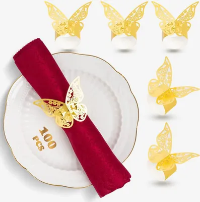Produktbild von Goldene Serviettenringe in Schmetterlingsform - 100 Stück - Folienpapier