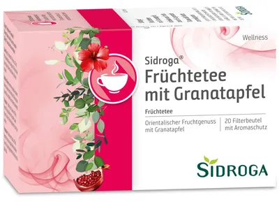 Zdjęcie produktu dla Sidroga Früchtetee mit Granatapfel, Herbata zdrowotna, 40 g, Jabłko, Jeżyna, Hibiskus, Honeybush, Owoc dzikiej róży, 2 g, 20 szt.