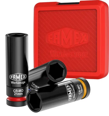 Produktbild von FAMEX 10806 Profi Kraft Schlagschrauber Schoneinsätze, Radmutteinsätze aus Chrom-Molybdän Stahl 17 / 19 / 21 mm, äußerst robust