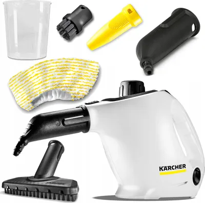 A collection of Karcher steam cleaner accessories and the main unit are displayed against a white background.