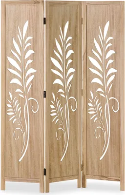 Image de Paravent décoratif en bois naturel 3 panneaux design floral ajouré Cloison Séparateur de pièce