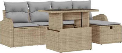 Image de Ensemble de canapés de jardin vidaXL, 6 pièces, beige, en polyrotin