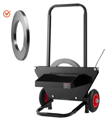 Imagen del producto de Máquina de tensado y sellado VEVOR, adecuada para bobinas de embalaje de PET/PP/acero con un diámetro central de 20,3/40,6 cm. Dispensador de embalaje robusto, equipado con un sistema de frenado mejorado. Incluye un espacio de almacenamiento integrado y espacioso para herramientas. No requiere un diámetro interior específico. Cinta de acero