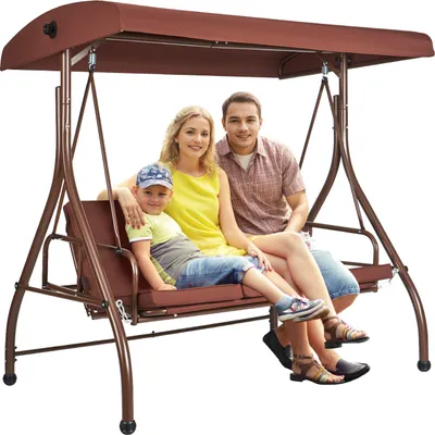 Produktbild von VEVOR 3-Sitzer-Terrassenschaukelstuhl, Hollywoodschaukel, Terrassenveranda mit verstellbarem Baldachin, abnehmbarem Kissen und Rahmen aus legiertem Stahl, für Balkon, Hinterhof, Poolrand, Braun